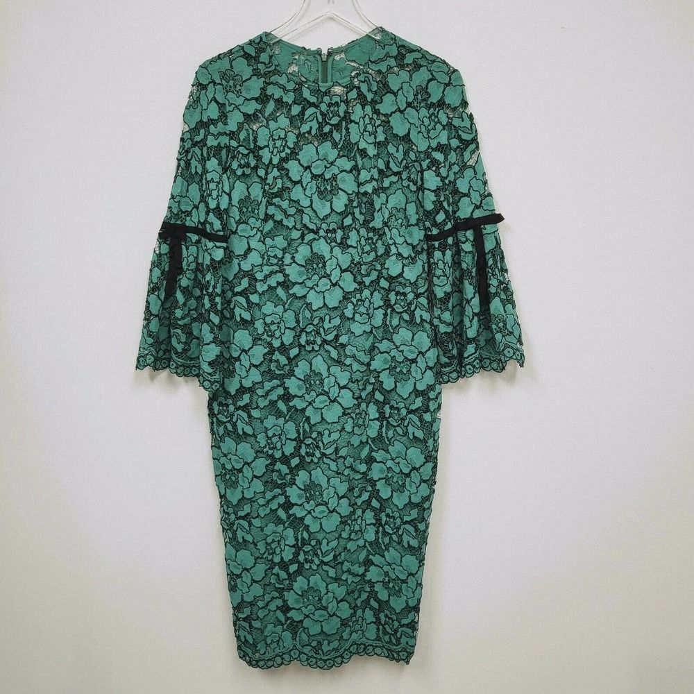 $1490 NEW Lela Rose Corded Lace Flounce Sleeve Sheath Dress Jade Green sz 8